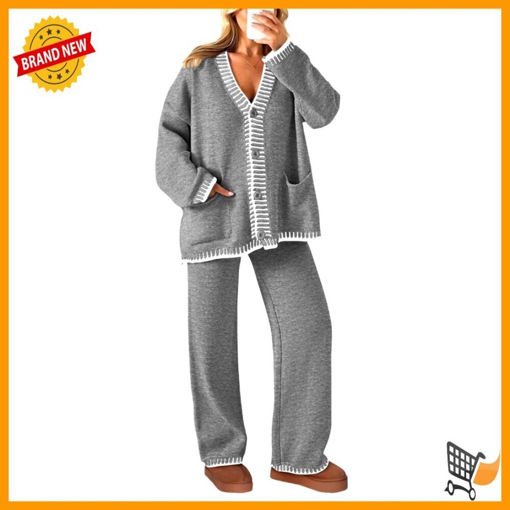 Cozy Knit Lounge Set Two Piece Cardigan Sweater Wide Leg Pants Track Suit